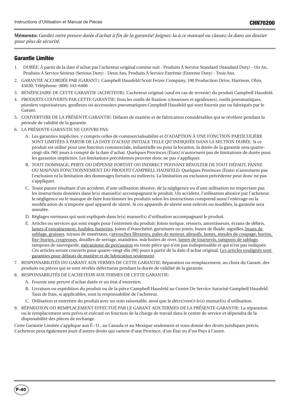 Garantie limitée | Campbell Hausfeld IN727900AV User Manual | Page 40 / 60