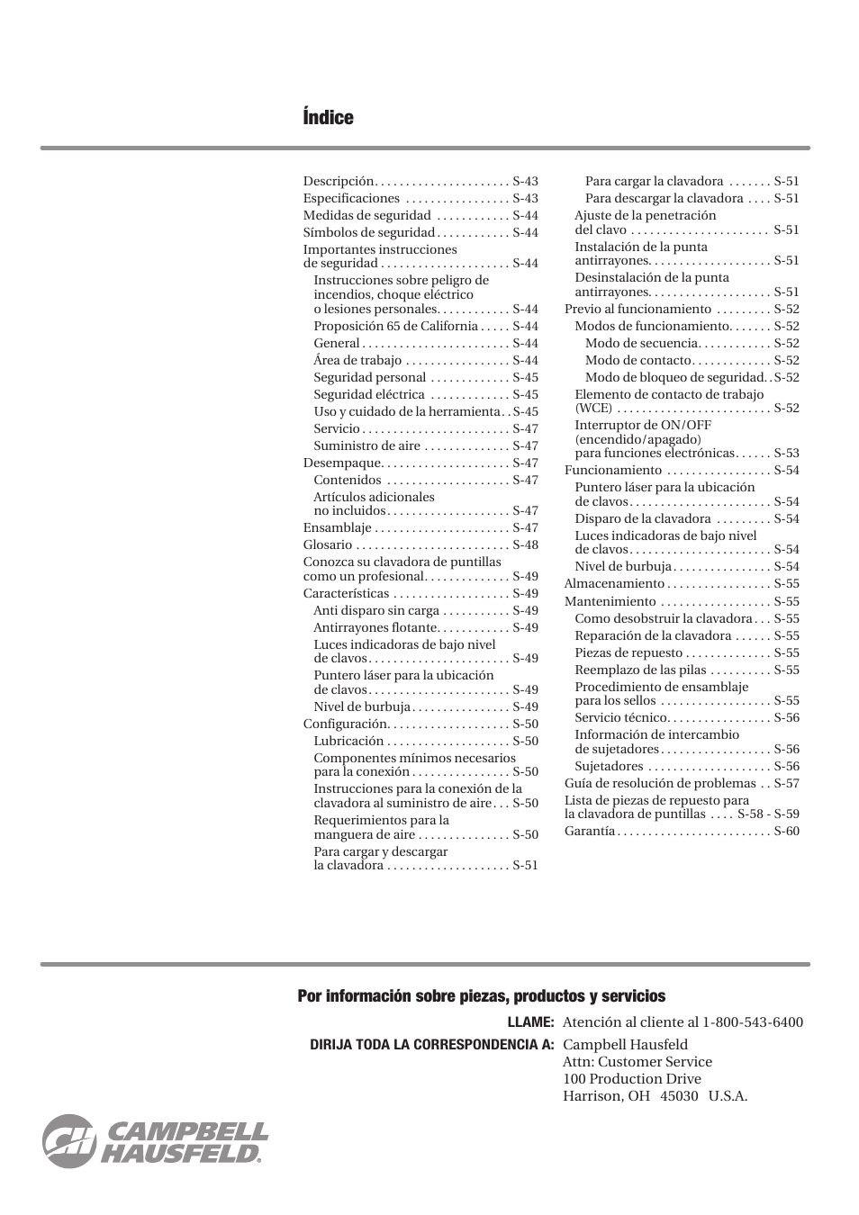 Índice | Campbell Hausfeld IN727900AV User Manual | Page 42 / 60