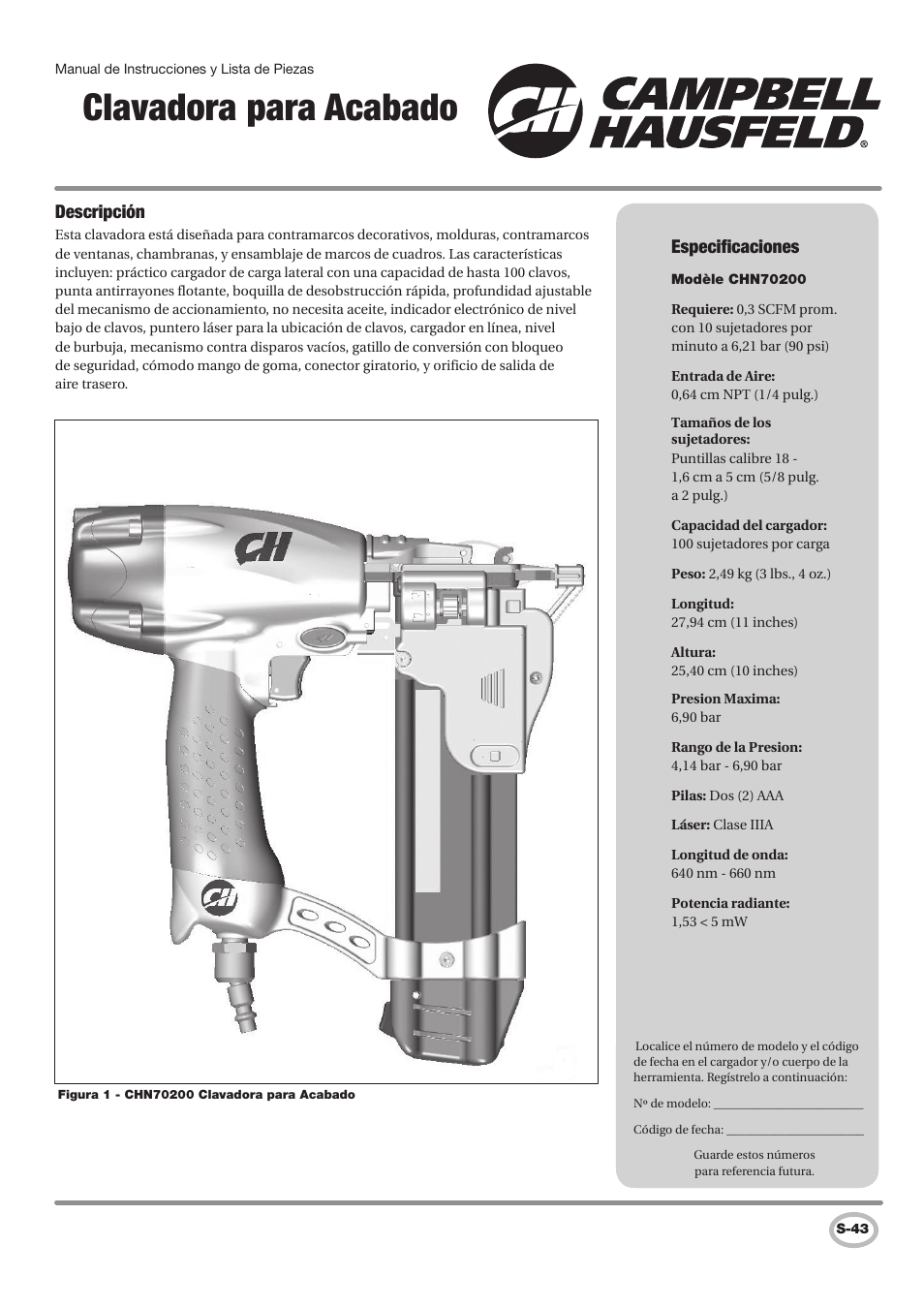 Clavadora para acabado, Especificaciones, Descripción | Campbell Hausfeld IN727900AV User Manual | Page 43 / 60