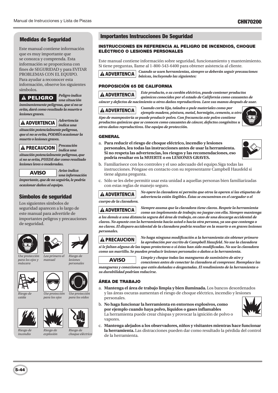 Importantes instrucciones de seguridad, Medidas de seguridad, Símbolos de seguridad | Campbell Hausfeld IN727900AV User Manual | Page 44 / 60