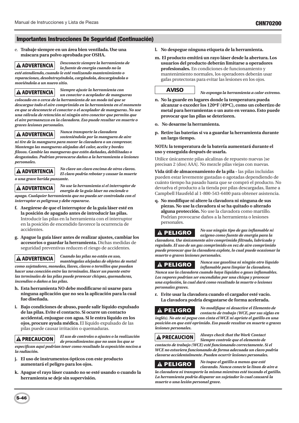 Campbell Hausfeld IN727900AV User Manual | Page 46 / 60