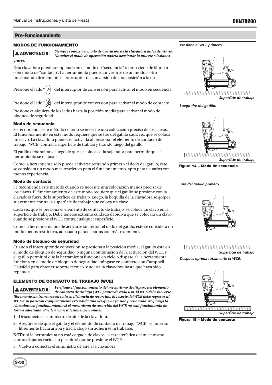Pre-funcionamiento | Campbell Hausfeld IN727900AV User Manual | Page 52 / 60