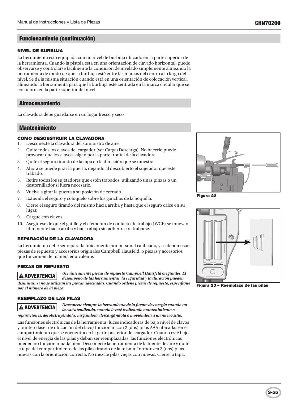 Almacenamiento, Mantenimiento, Funcionamiento (continuación) | Campbell Hausfeld IN727900AV User Manual | Page 55 / 60