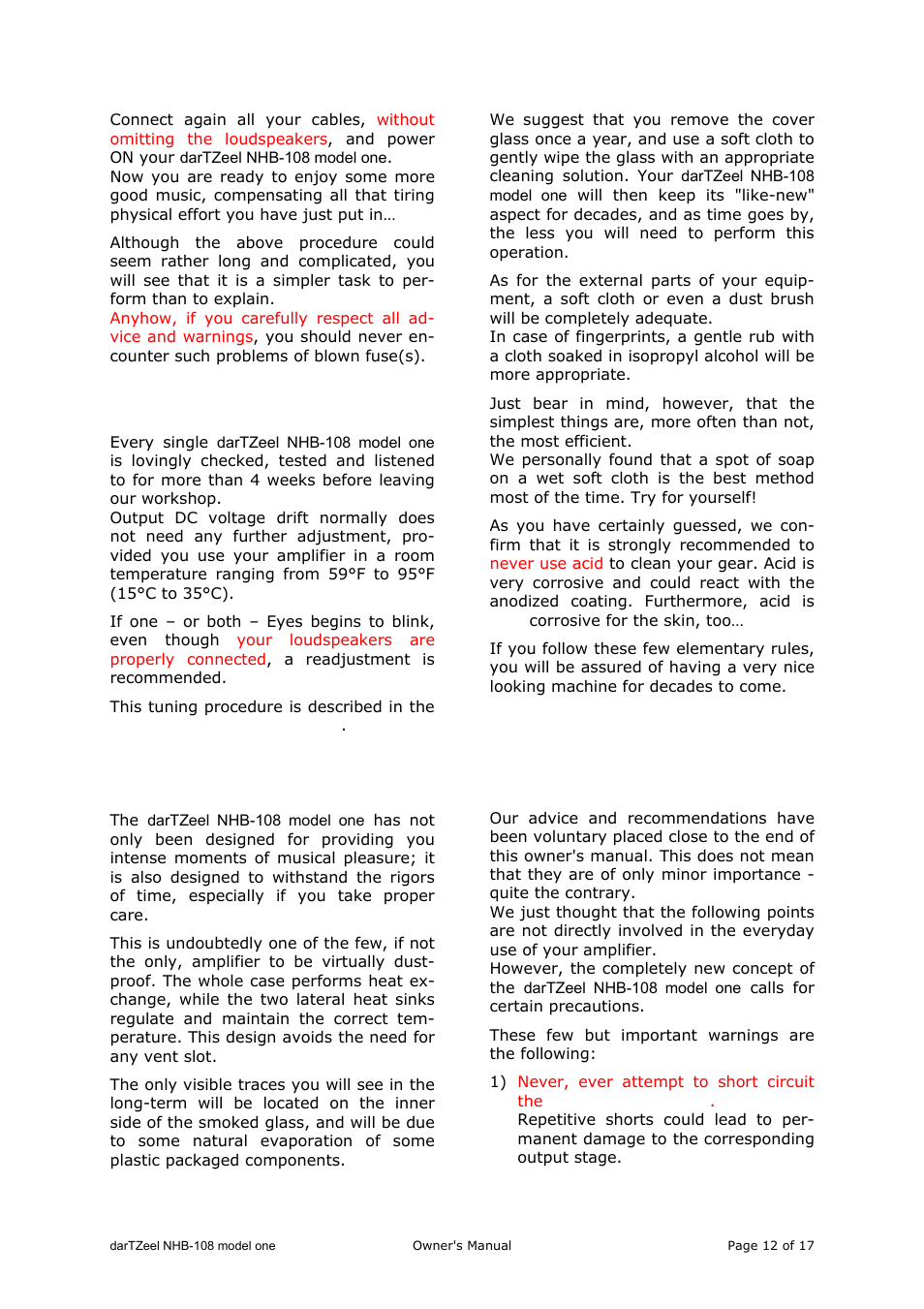 Some advice and tips, Dc voltage drift, Cleaning and upkeep | What not to do | darTZeel Audio NHB-108 A version User Manual | Page 12 / 17