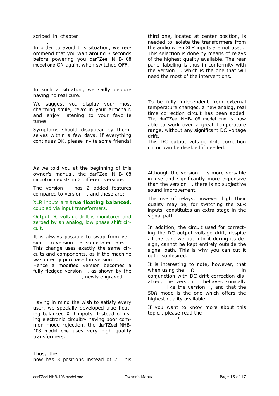 Version b, Xlr floating inputs, Dc output voltage drift | Version a versus b | darTZeel Audio NHB-108 A version User Manual | Page 15 / 17