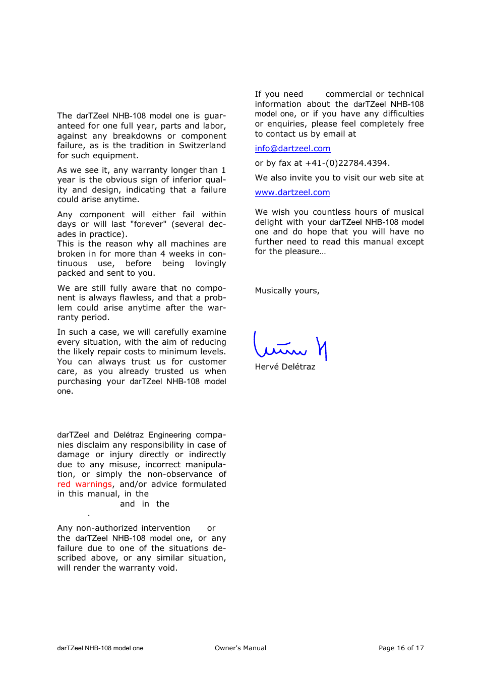 Conditions of warranty, Assistance, Breakdowns or faulty parts | Conditions of use | darTZeel Audio NHB-108 A version User Manual | Page 16 / 17