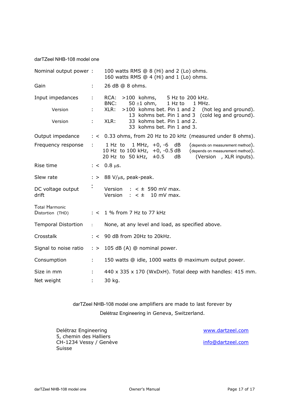 Technical data | darTZeel Audio NHB-108 A version User Manual | Page 17 / 17