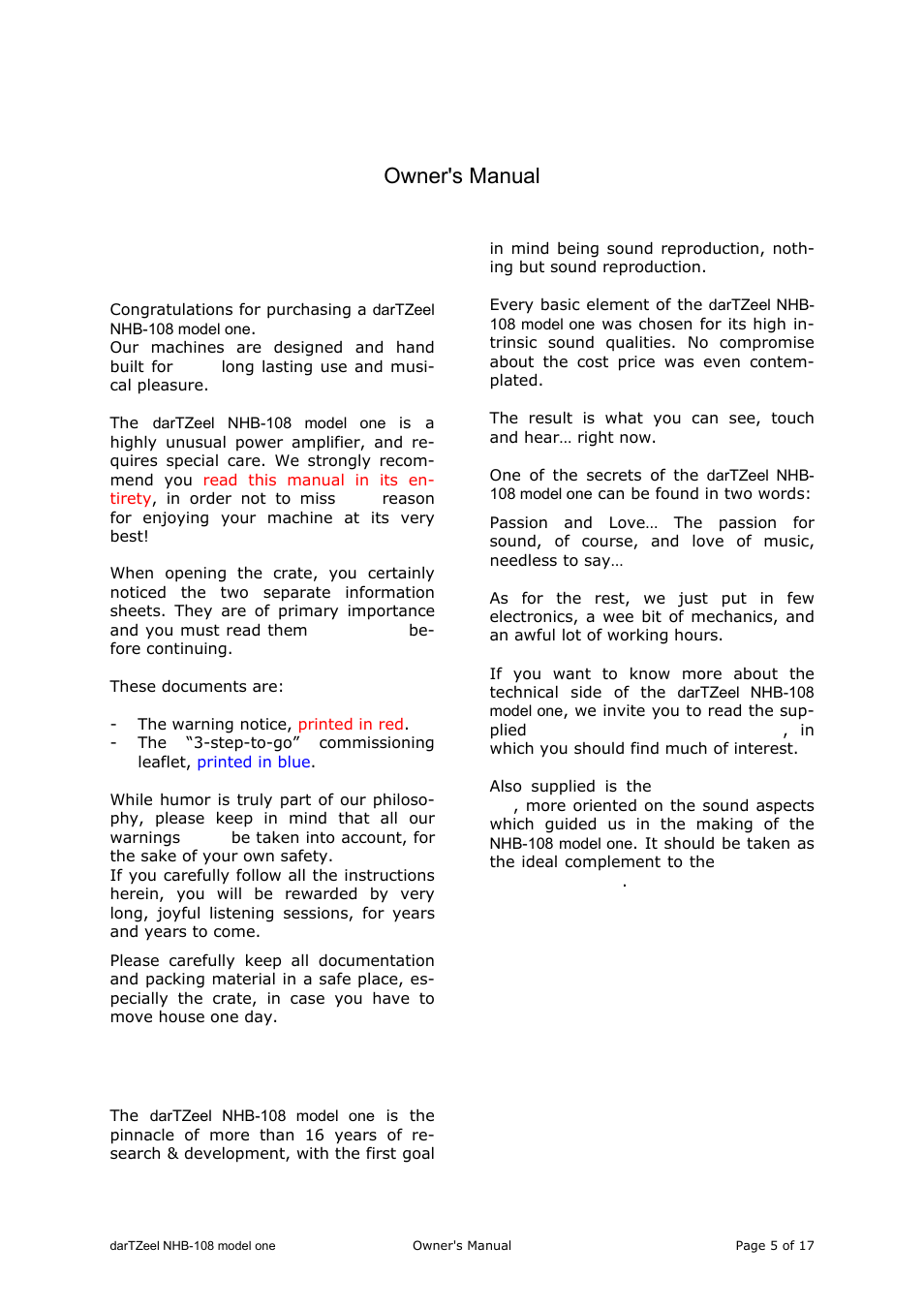 Dartzeel nhb-108 model one, Introduction, Brief description | Owner's manual | darTZeel Audio NHB-108 A version User Manual | Page 5 / 17