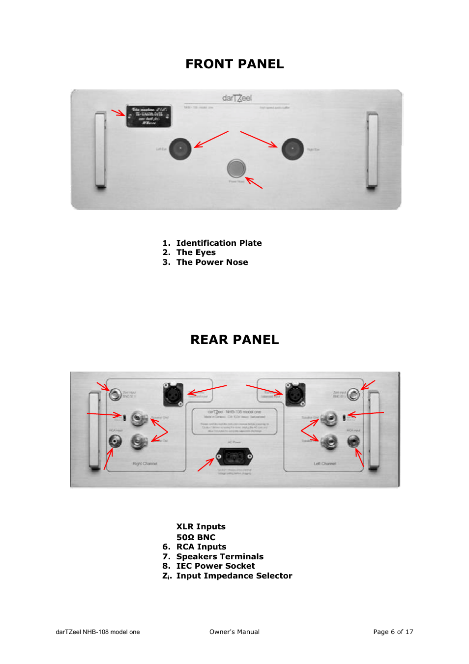 Front panel, Rear panel | darTZeel Audio NHB-108 A version User Manual | Page 6 / 17