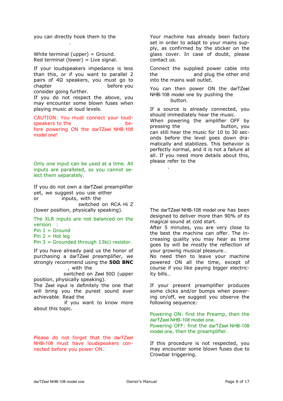Using the dartzeel, Choice of the input, Powering on | 1 power cycle | darTZeel Audio NHB-108 A version User Manual | Page 8 / 17