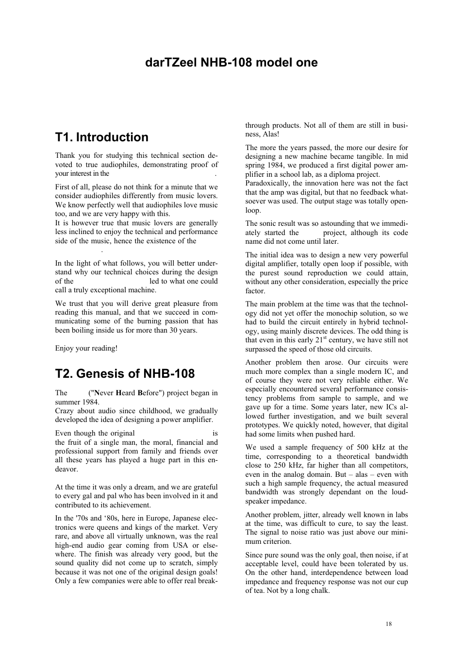 Dartzeel nhb-108 model one, T1. introduction, T2. genesis of nhb-108 | darTZeel Audio NHB-108 B version User Manual | Page 18 / 35