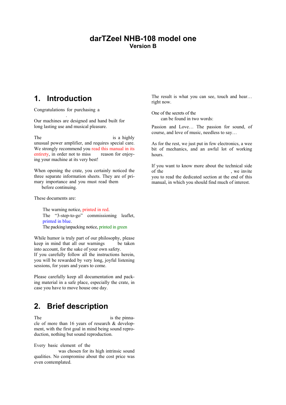 Dartzeel nhb-108 model one, Introduction, Brief description | User manual | darTZeel Audio NHB-108 B version User Manual | Page 5 / 35