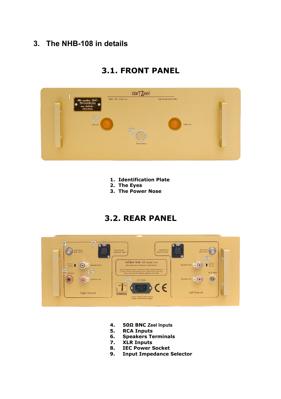 The nhb-108 in details, Front panel, Rear panel | darTZeel Audio NHB-108 B version User Manual | Page 6 / 35