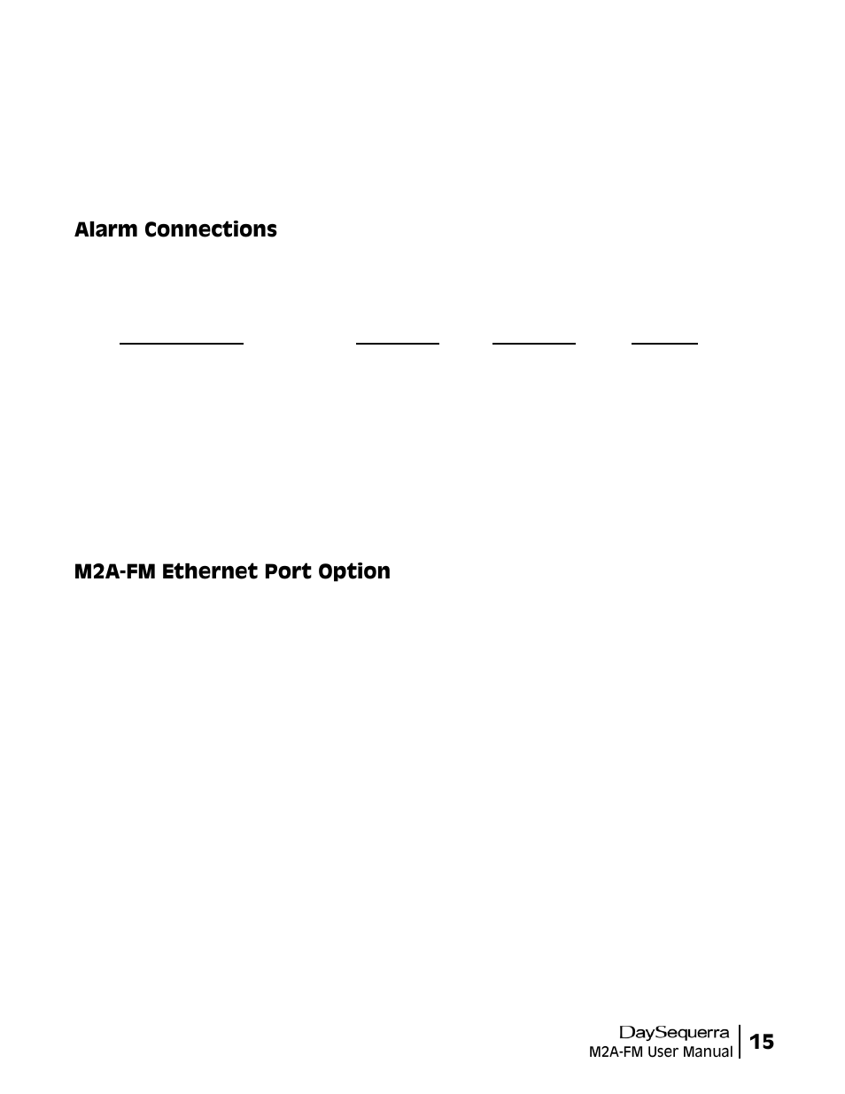 Alarm connections, M2a-fm ethernet port option | DaySequerra M2A-FM User Manual | Page 15 / 16