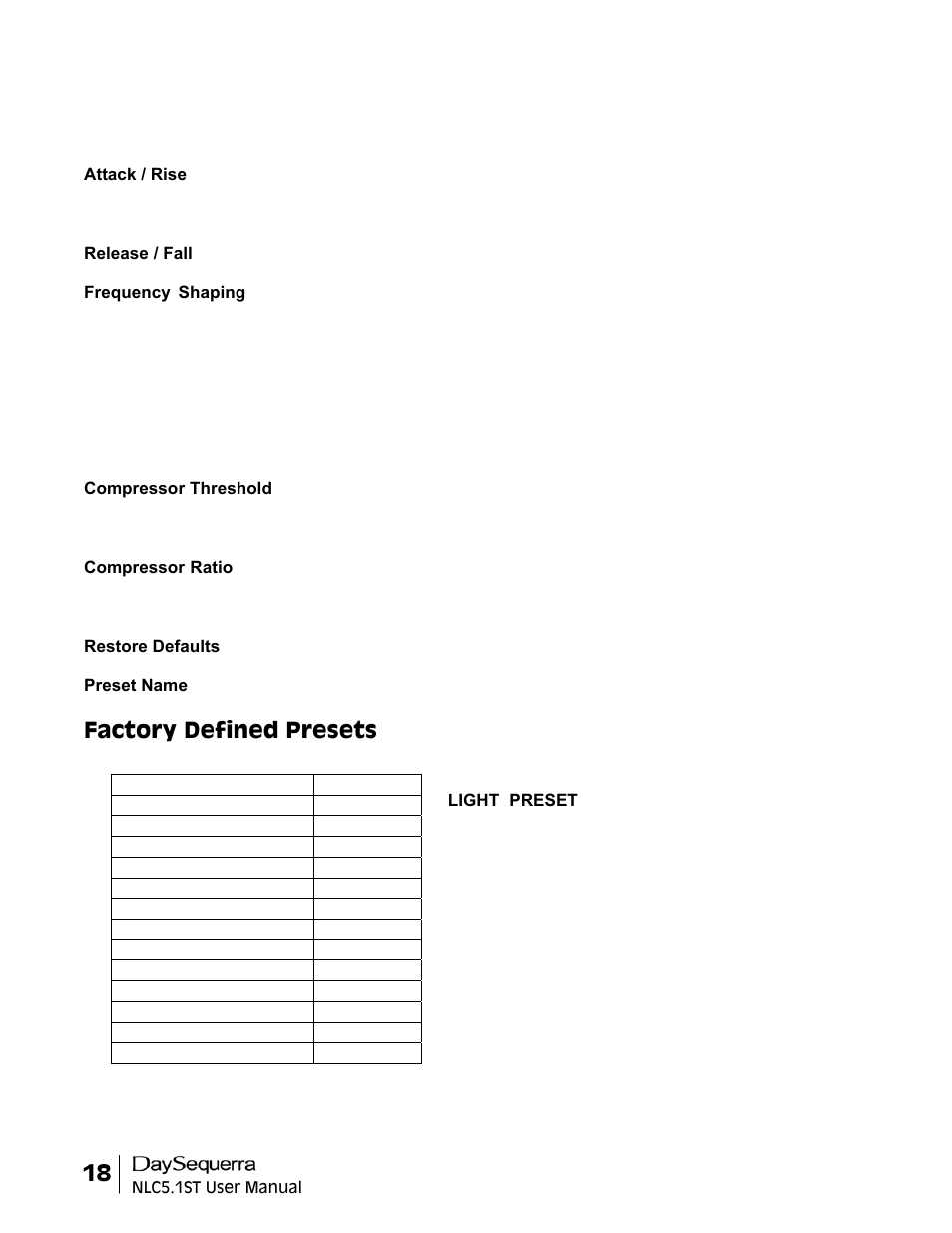 Factory defined presets | DaySequerra NLC5.1ST User Manual | Page 18 / 32