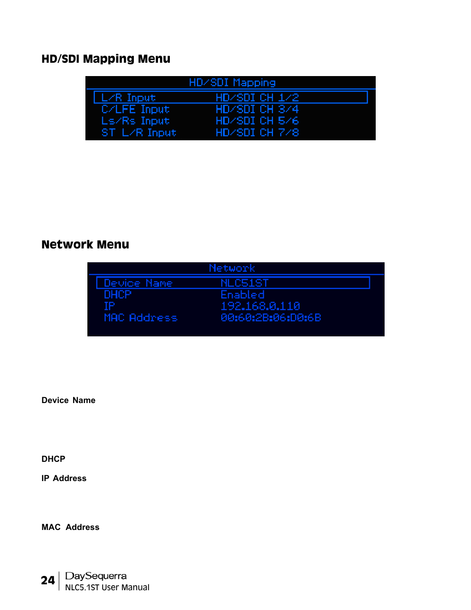 Hd/sdi mapping menu, Network menu | DaySequerra NLC5.1ST User Manual | Page 24 / 32