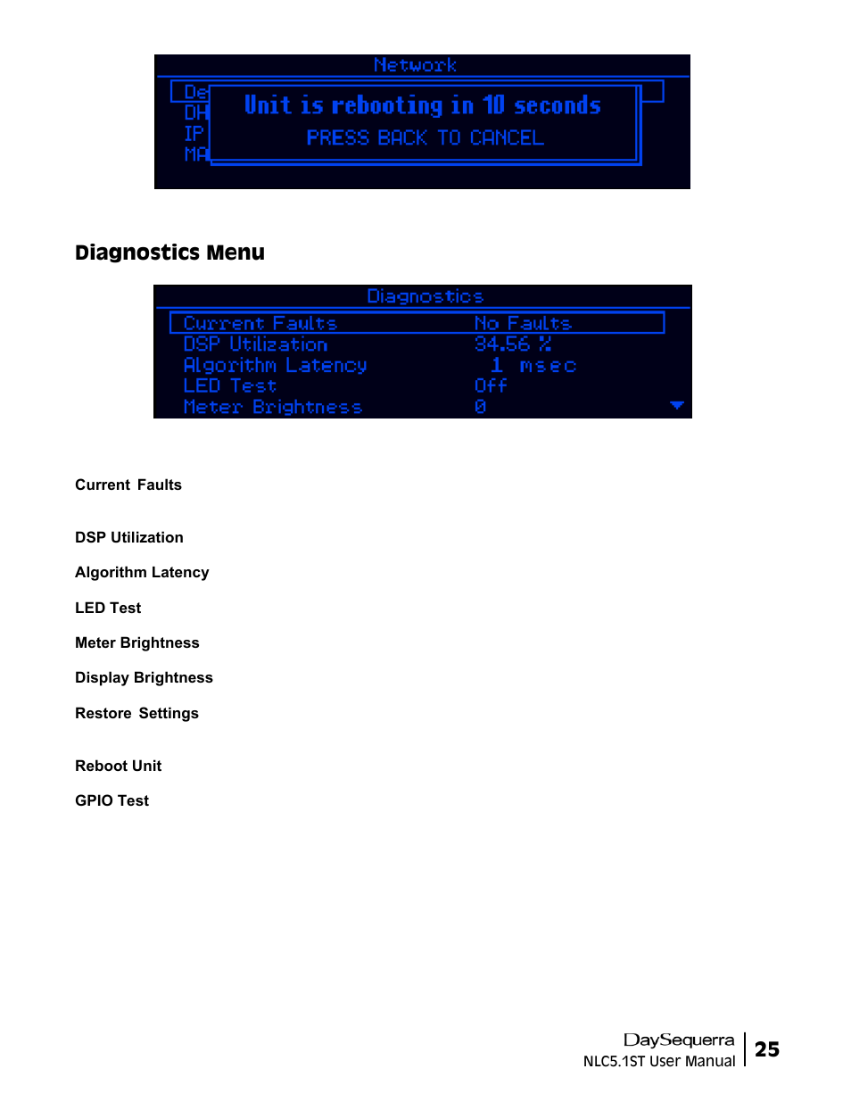 Diagnostics menu | DaySequerra NLC5.1ST User Manual | Page 25 / 32