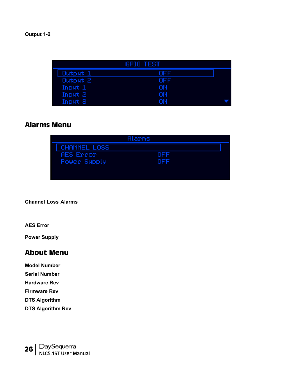 Alarms menu, About menu | DaySequerra NLC5.1ST User Manual | Page 26 / 32