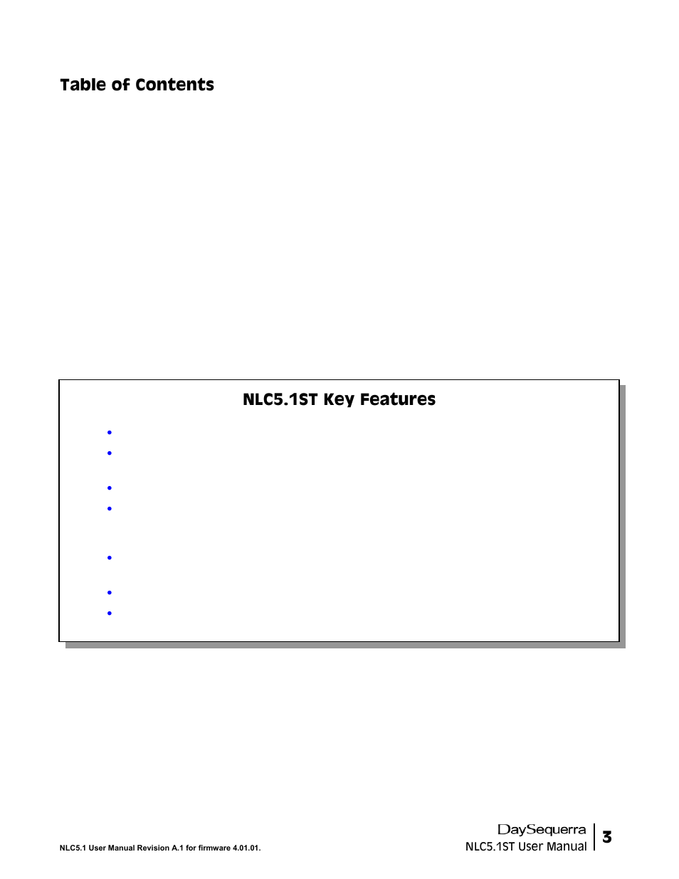 3table of contents, Nlc5.1st key features | DaySequerra NLC5.1ST User Manual | Page 3 / 32