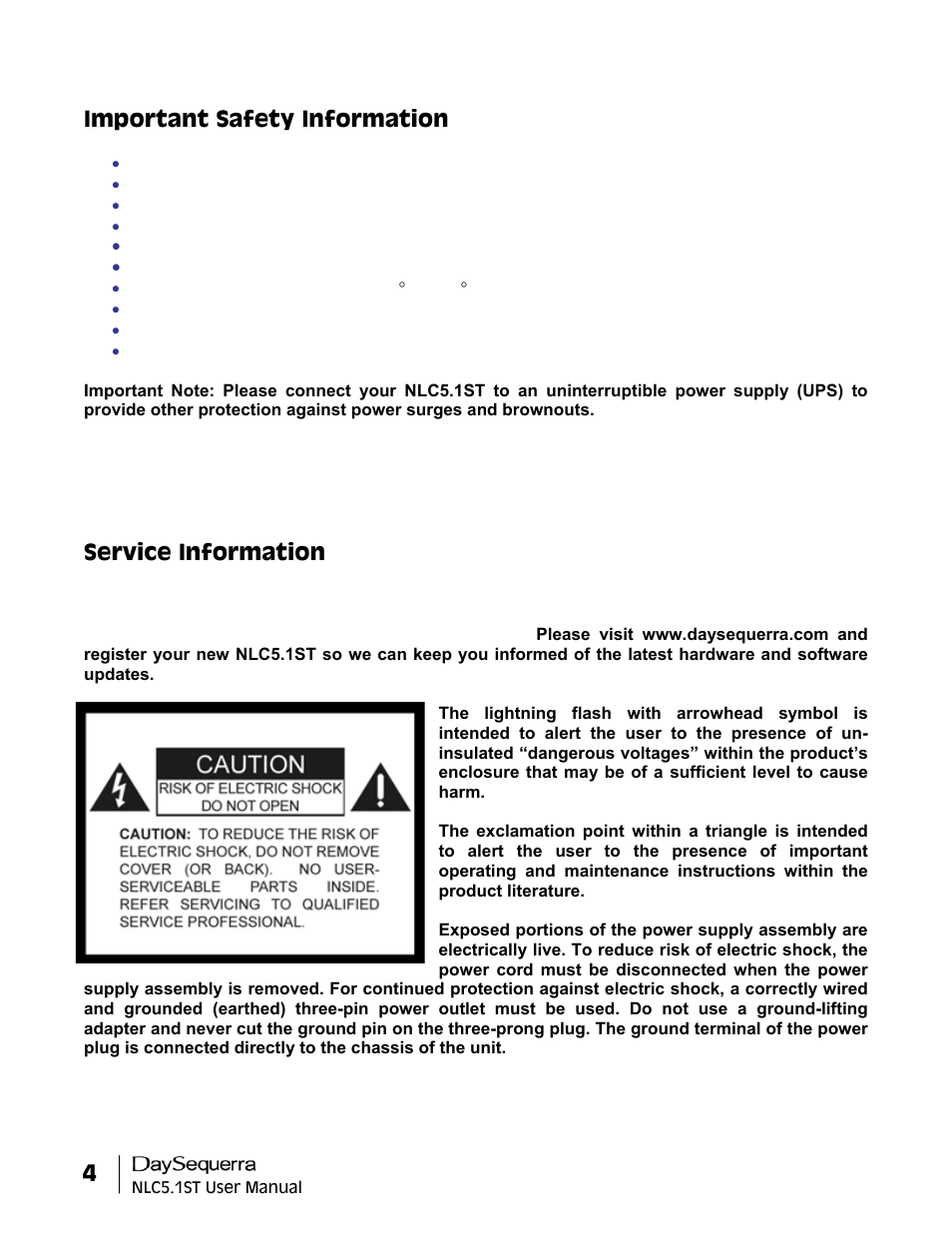 Important safety information, Service information | DaySequerra NLC5.1ST User Manual | Page 4 / 32