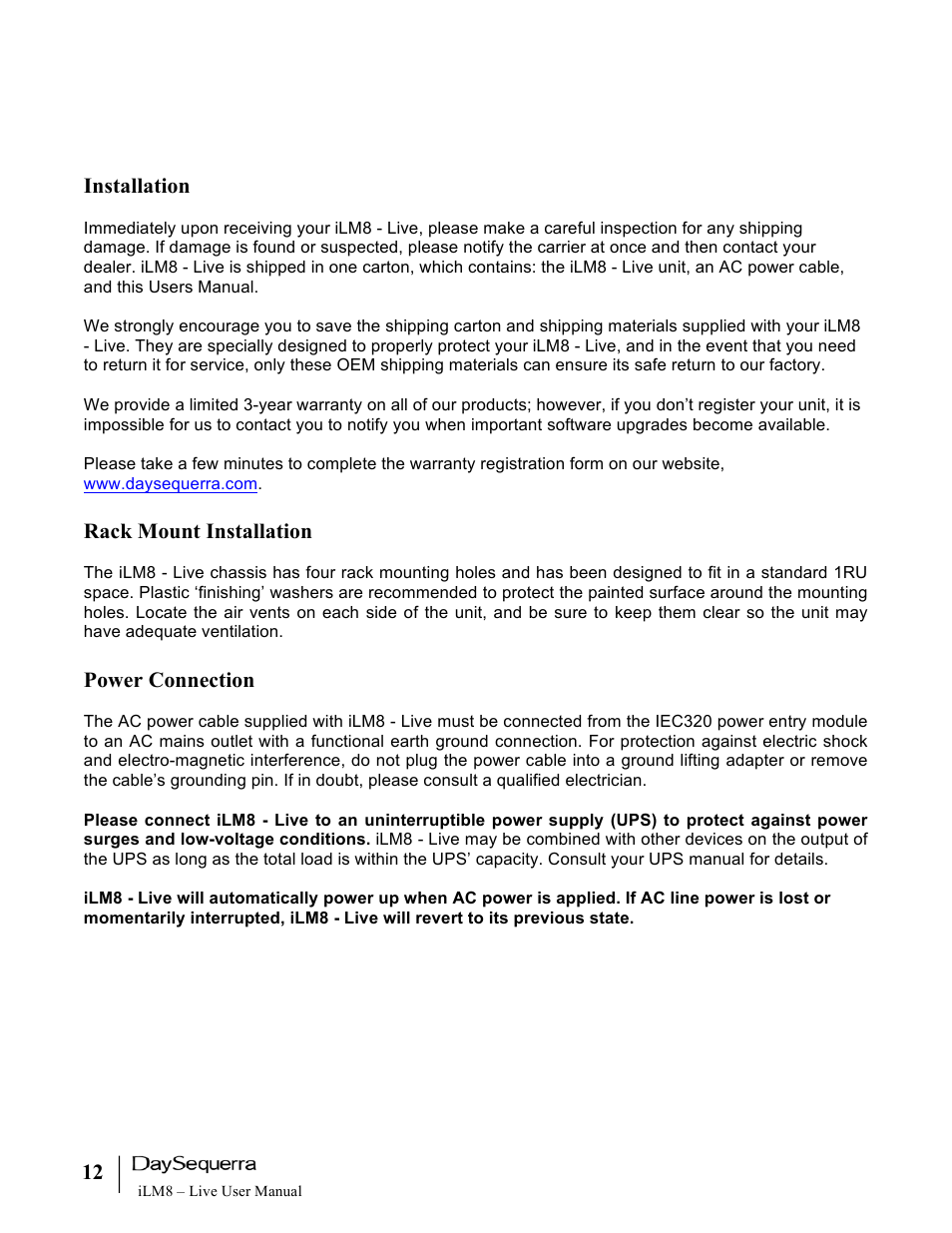 Installation, Rack mount installation, Power connection | DaySequerra iLM8 Live User Manual | Page 12 / 46