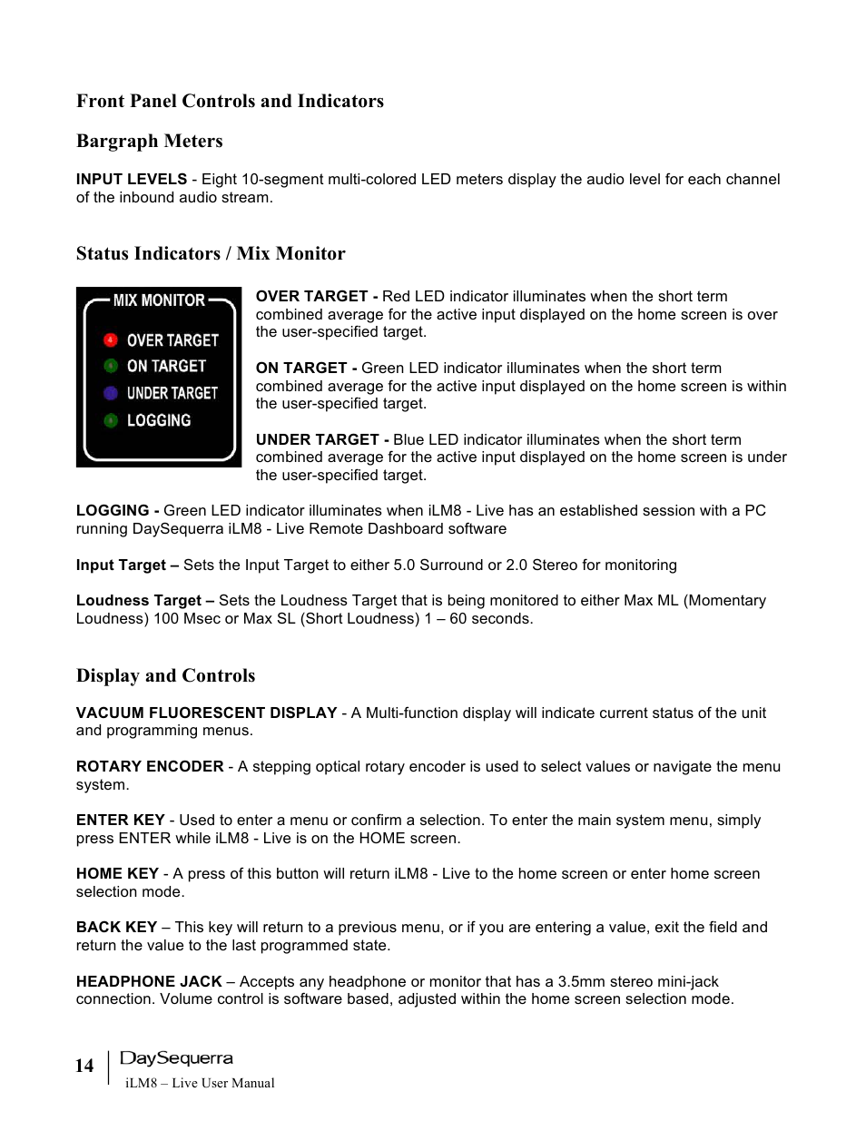 DaySequerra iLM8 Live User Manual | Page 14 / 46