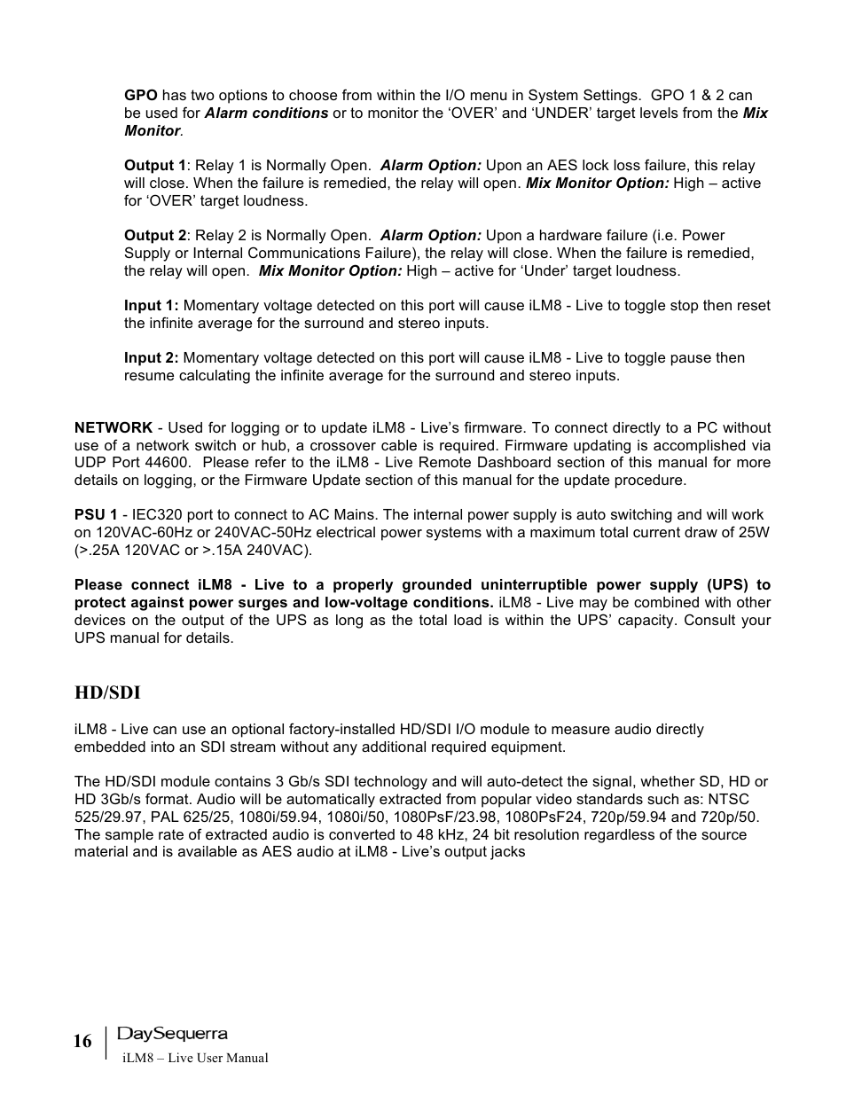 Hd/sdi | DaySequerra iLM8 Live User Manual | Page 16 / 46