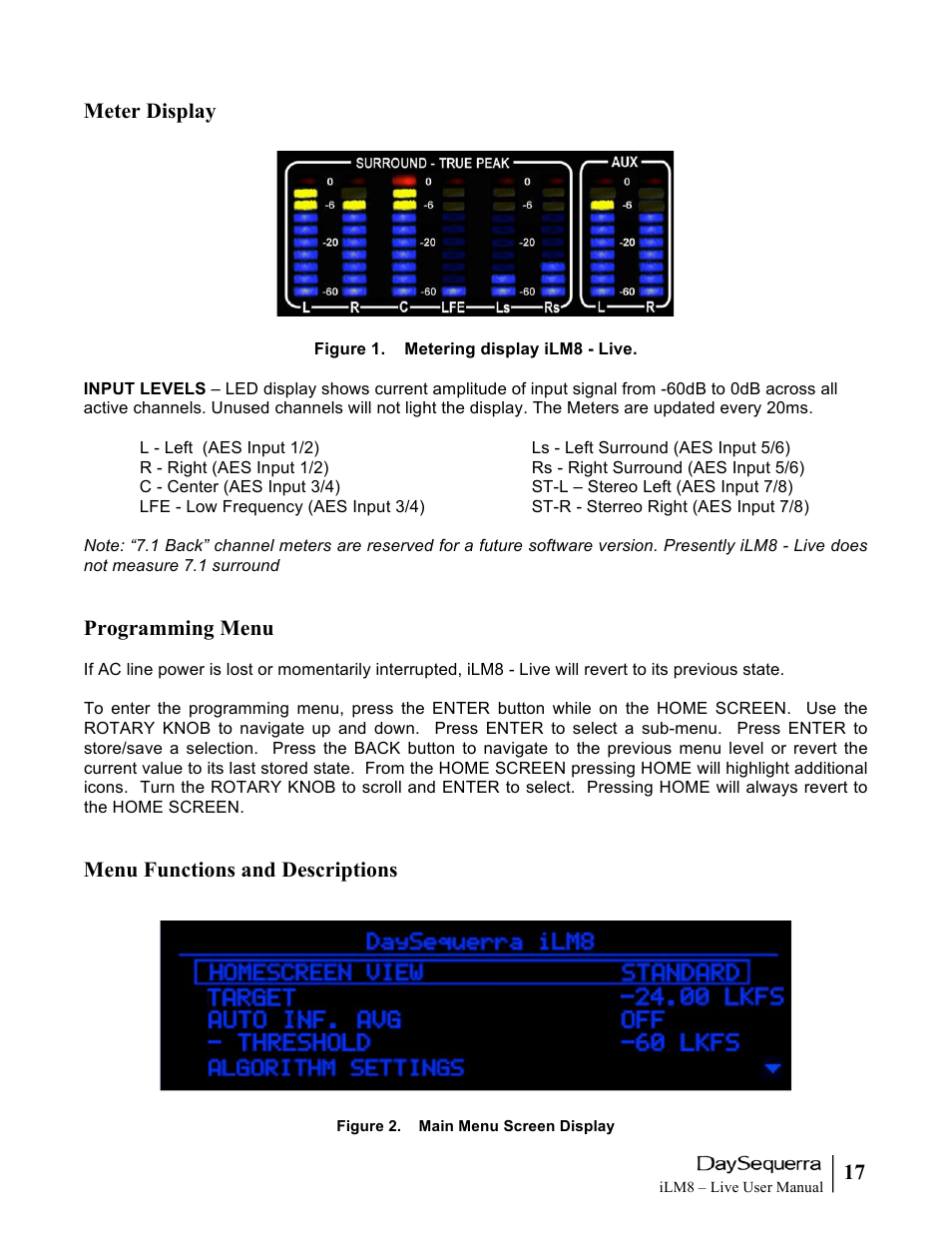 17 meter display, Programming menu, Menu functions and descriptions | DaySequerra iLM8 Live User Manual | Page 17 / 46