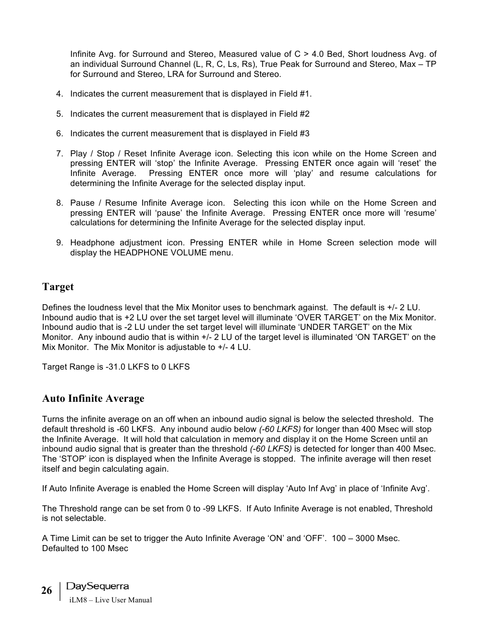 Target, Auto infinite average | DaySequerra iLM8 Live User Manual | Page 26 / 46