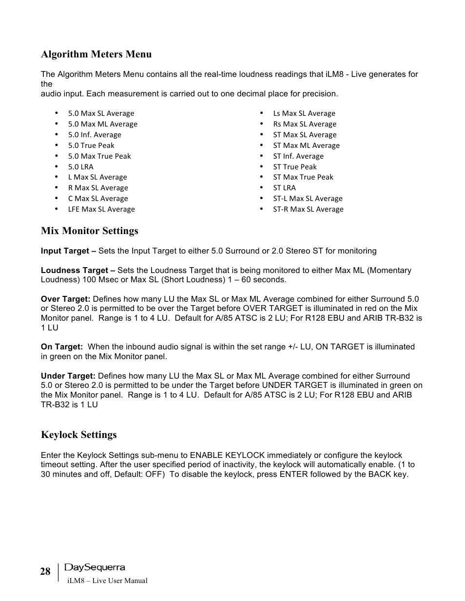 Algorithm meters menu, Mix monitor settings, Keylock settings | DaySequerra iLM8 Live User Manual | Page 28 / 46