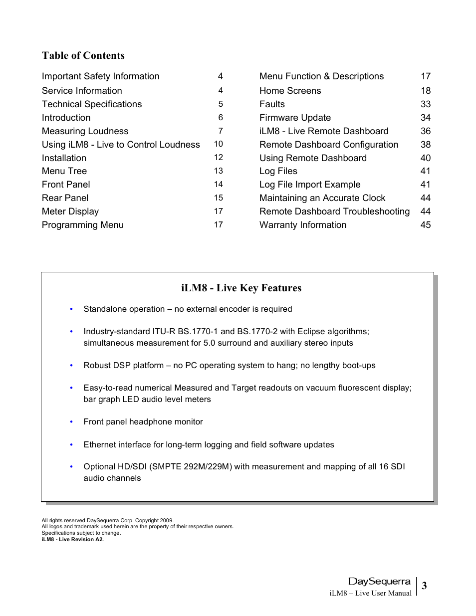 3table of contents, Ilm8 - live key features | DaySequerra iLM8 Live User Manual | Page 3 / 46