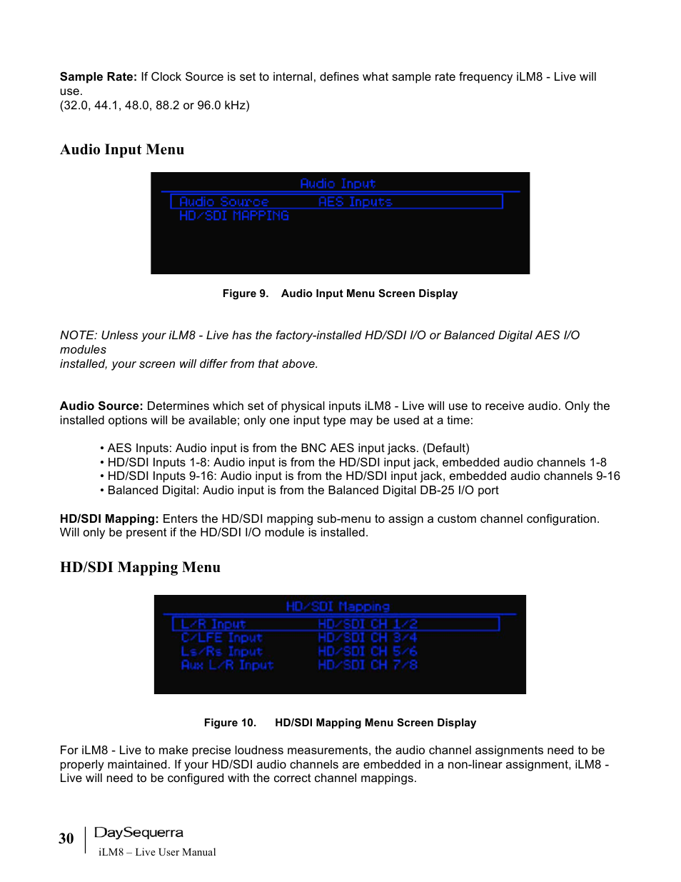 Audio input menu, Hd/sdi mapping menu | DaySequerra iLM8 Live User Manual | Page 30 / 46