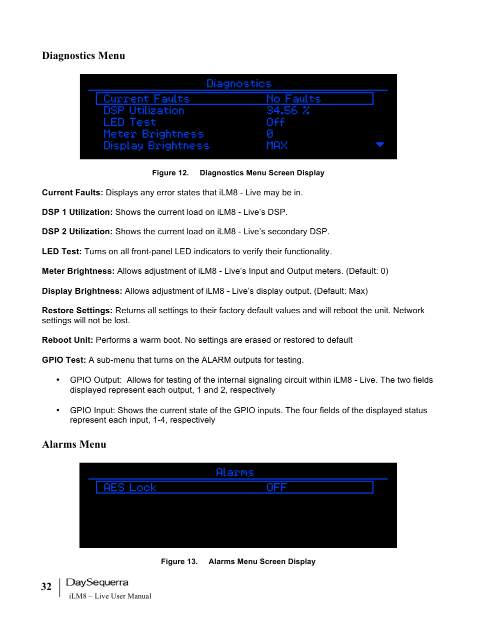 Diagnostics menu, Alarms menu | DaySequerra iLM8 Live User Manual | Page 32 / 46