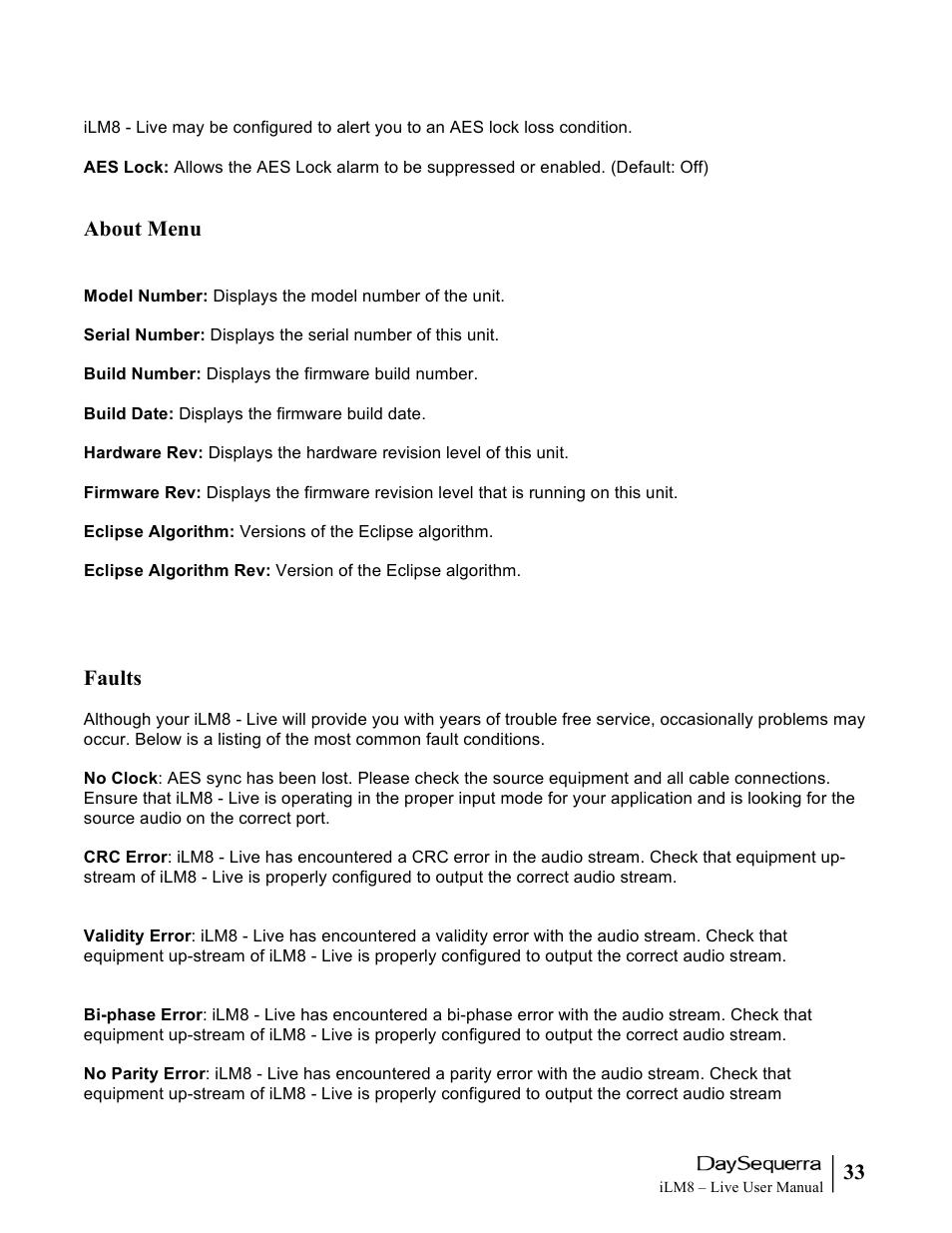 About menu, Faults | DaySequerra iLM8 Live User Manual | Page 33 / 46