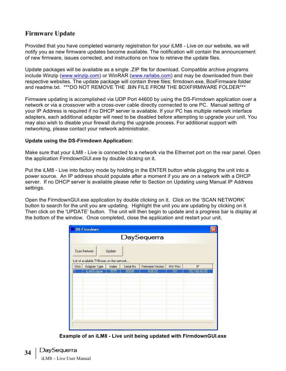 Firmware update | DaySequerra iLM8 Live User Manual | Page 34 / 46