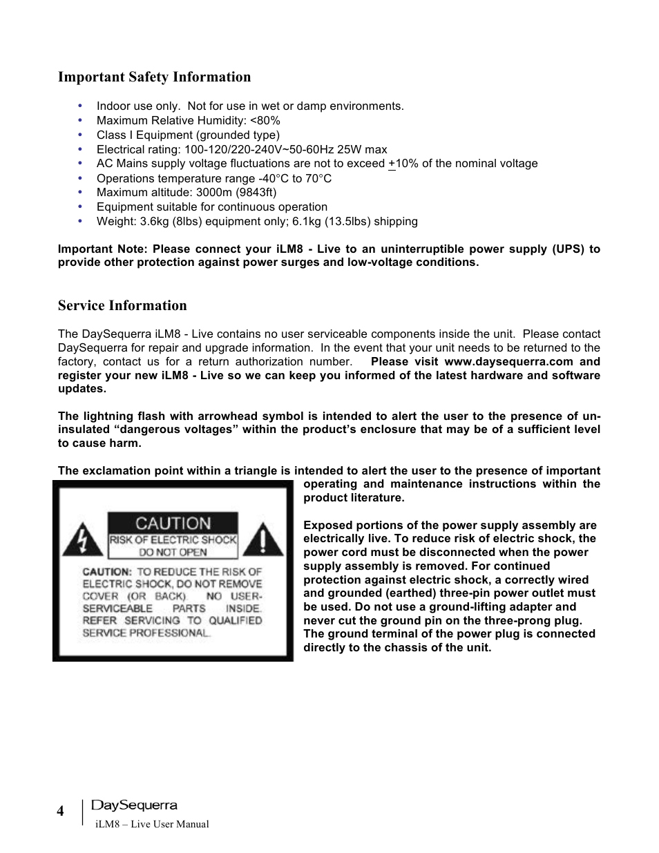 Important safety information, Service information | DaySequerra iLM8 Live User Manual | Page 4 / 46