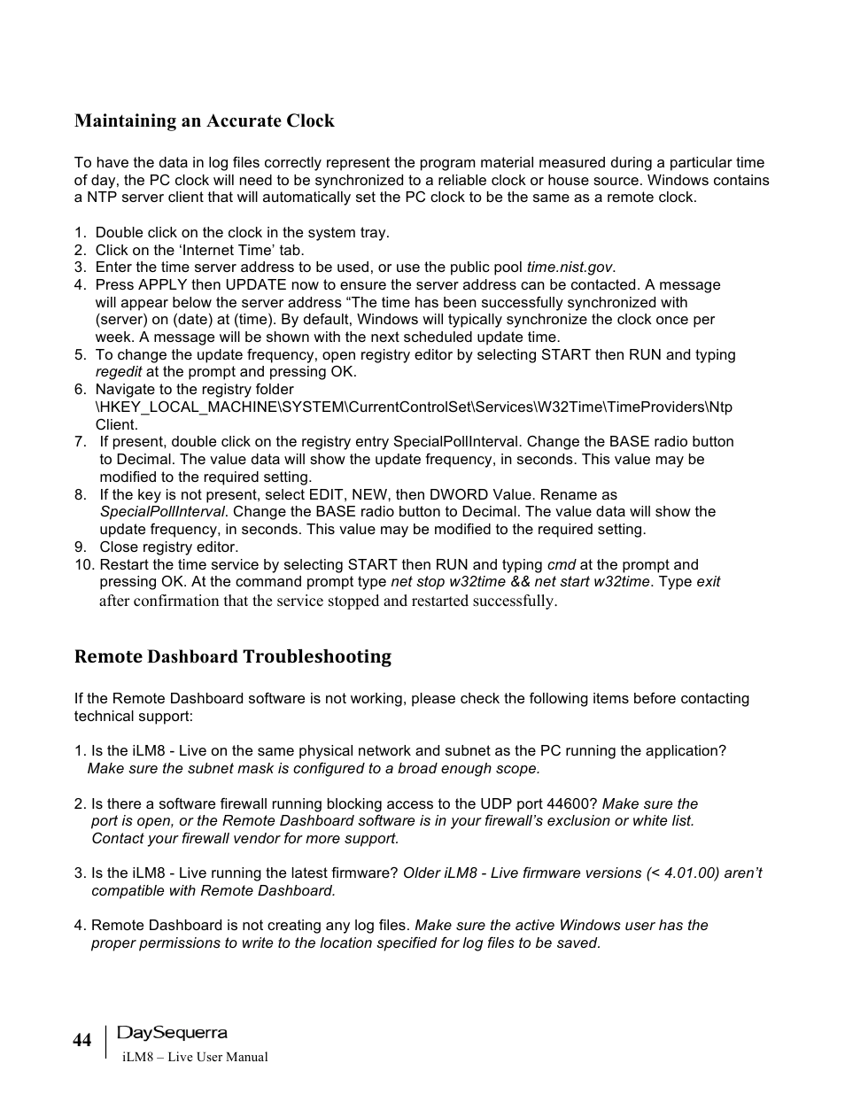 DaySequerra iLM8 Live User Manual | Page 44 / 46