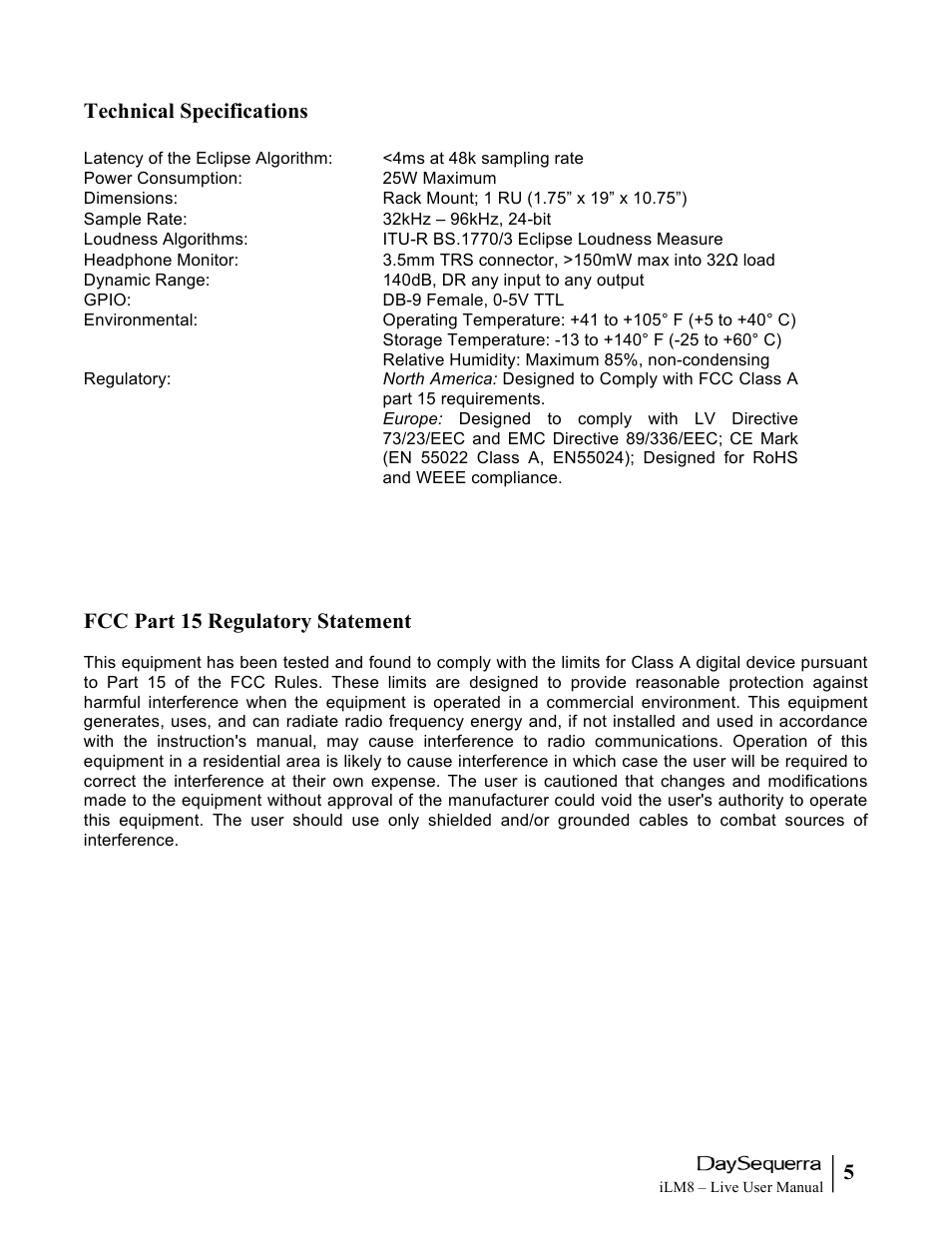 5technical specifications, Fcc part 15 regulatory statement | DaySequerra iLM8 Live User Manual | Page 5 / 46