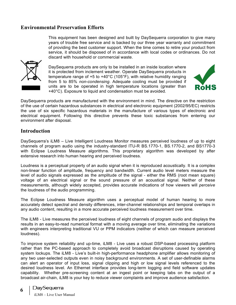 Environmental preservation efforts, Introduction | DaySequerra iLM8 Live User Manual | Page 6 / 46