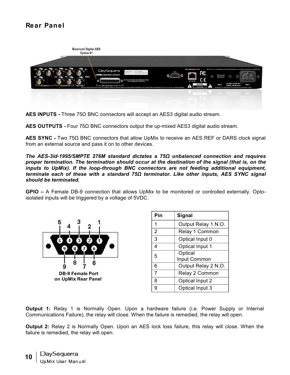 Re a r pa n e l | DaySequerra UpMix User Manual | Page 10 / 20