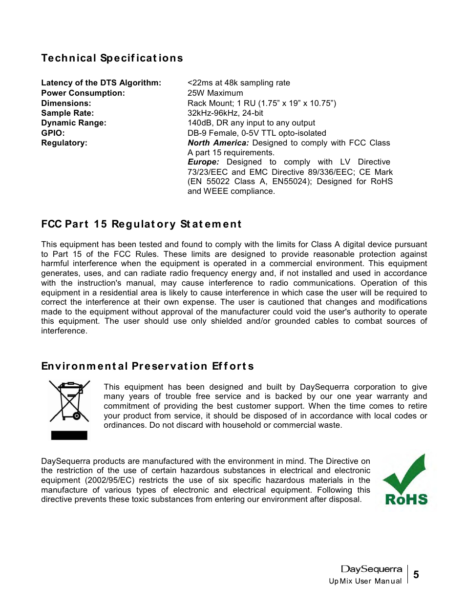 Te ch n ica l sp e cif ica t io n s | DaySequerra UpMix User Manual | Page 5 / 20