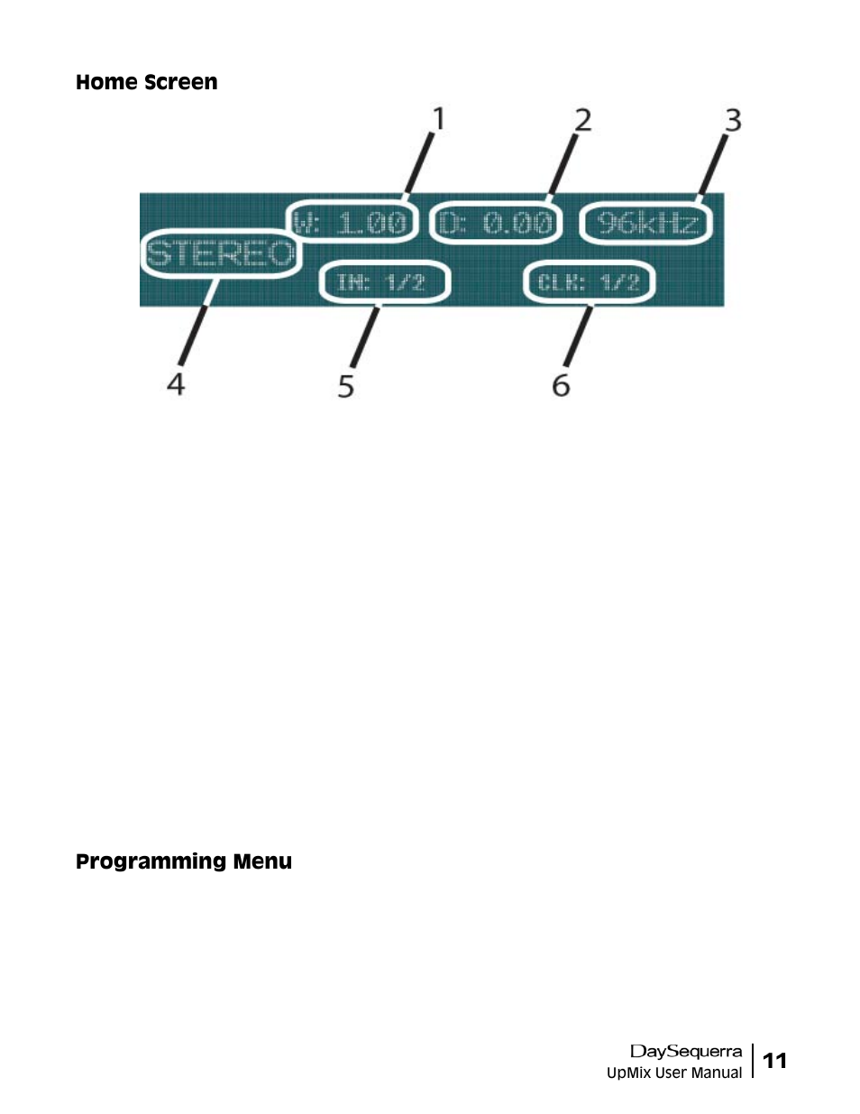 11 home screen, Programming menu | DaySequerra UpMix User Manual | Page 13 / 22