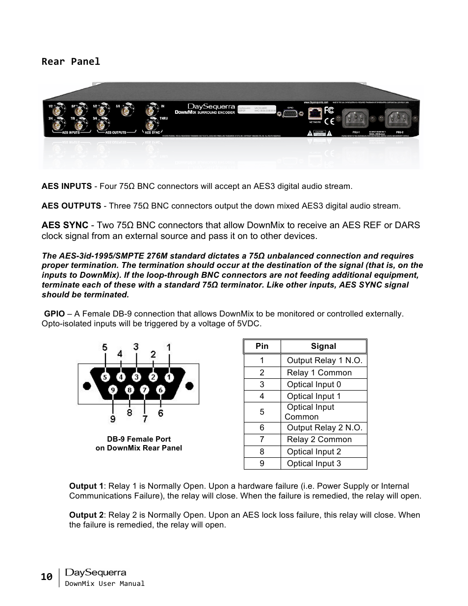 Rear panel | DaySequerra DownMix User Manual | Page 10 / 20