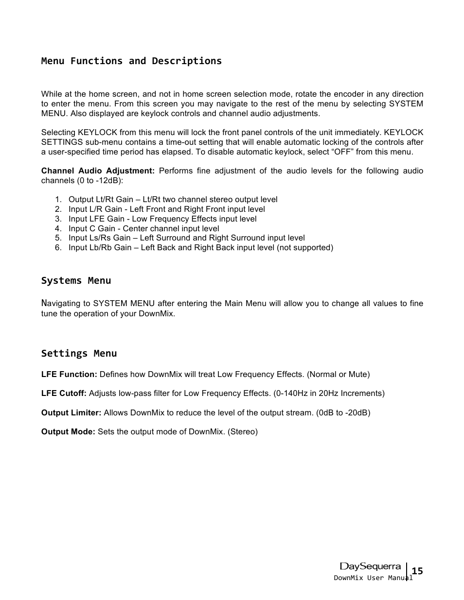 15 menu functions and descriptions, Systems menu, Settings menu | DaySequerra DownMix User Manual | Page 15 / 20