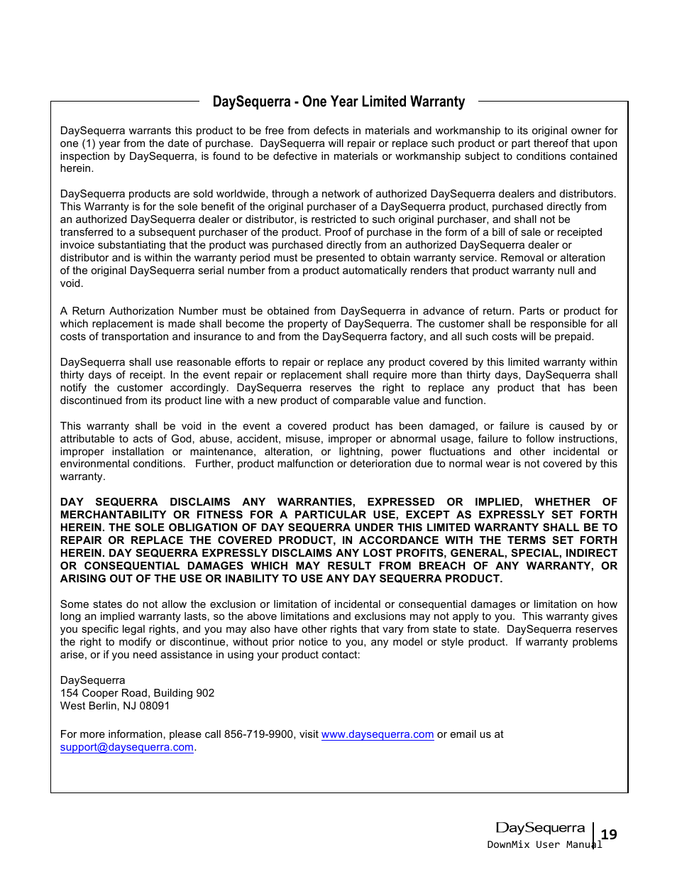 Daysequerra - one year limited warranty | DaySequerra DownMix User Manual | Page 19 / 20