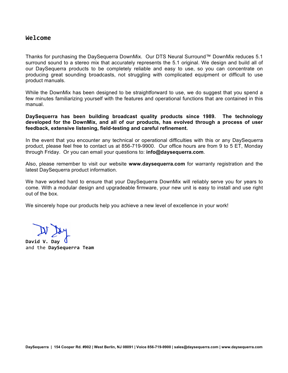 Welcome | DaySequerra DownMix User Manual | Page 2 / 20