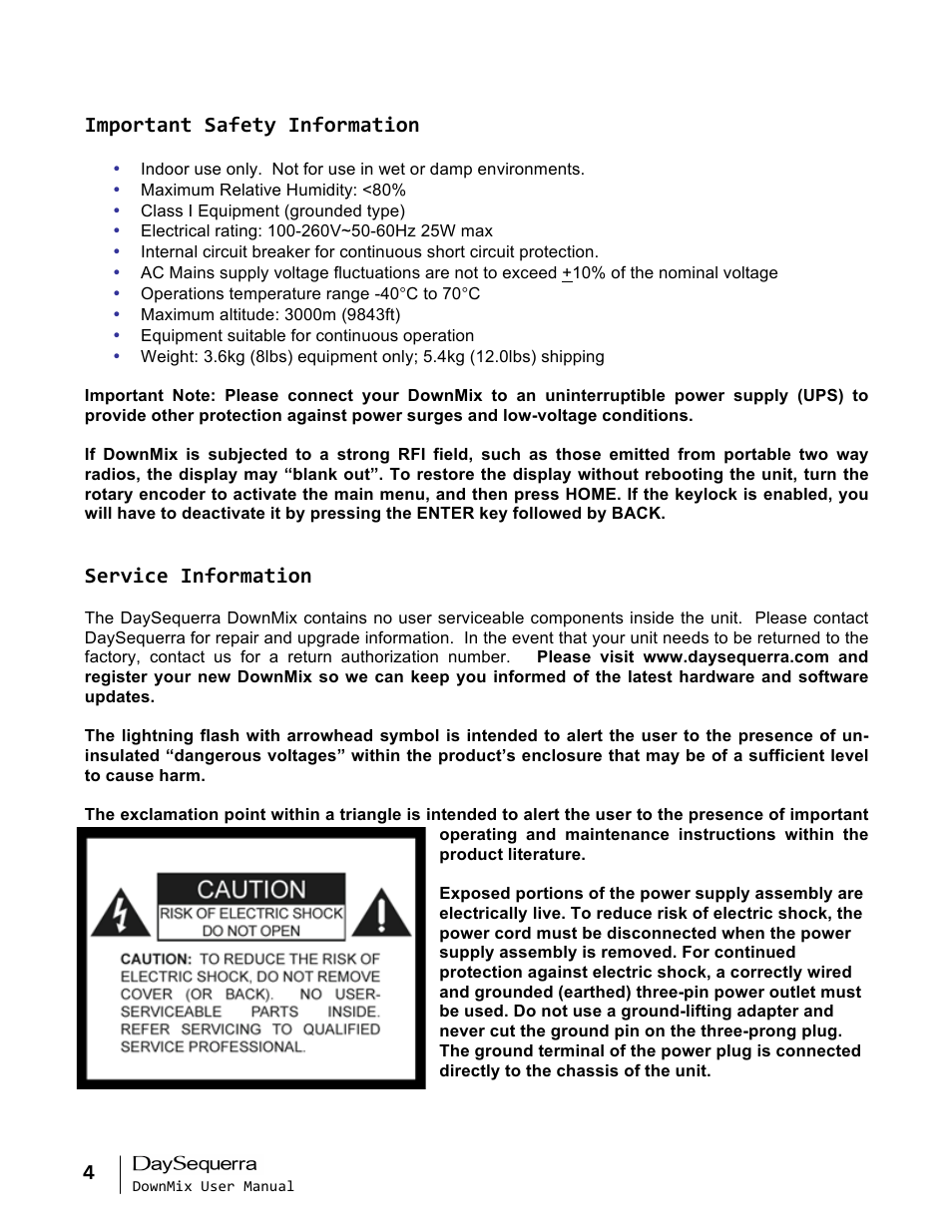 Important safety information, Service information | DaySequerra DownMix User Manual | Page 4 / 20