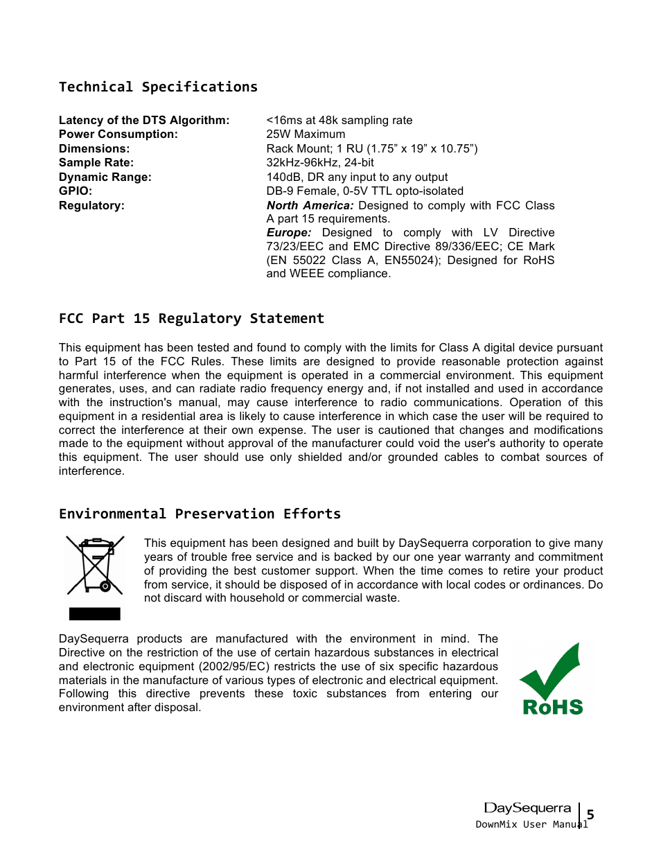 5 technical specifications, Fcc part 15 regulatory statement, Environmental preservation efforts | DaySequerra DownMix User Manual | Page 5 / 20