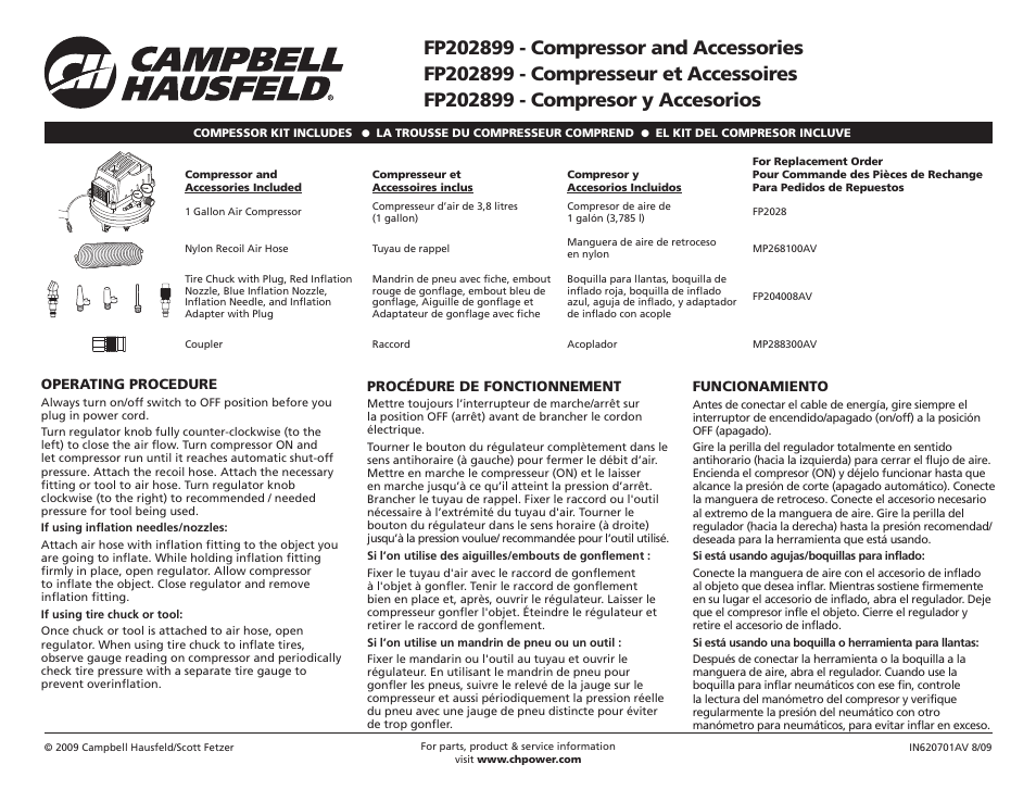 Campbell Hausfeld IN620701AV User Manual | 2 pages