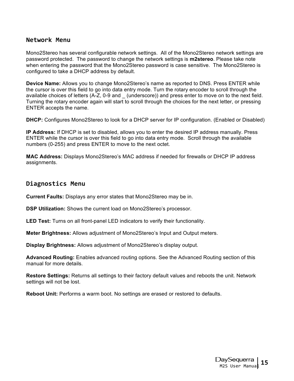 Network menu, Diagnostics menu | DaySequerra Mono2Stereo User Manual | Page 15 / 20